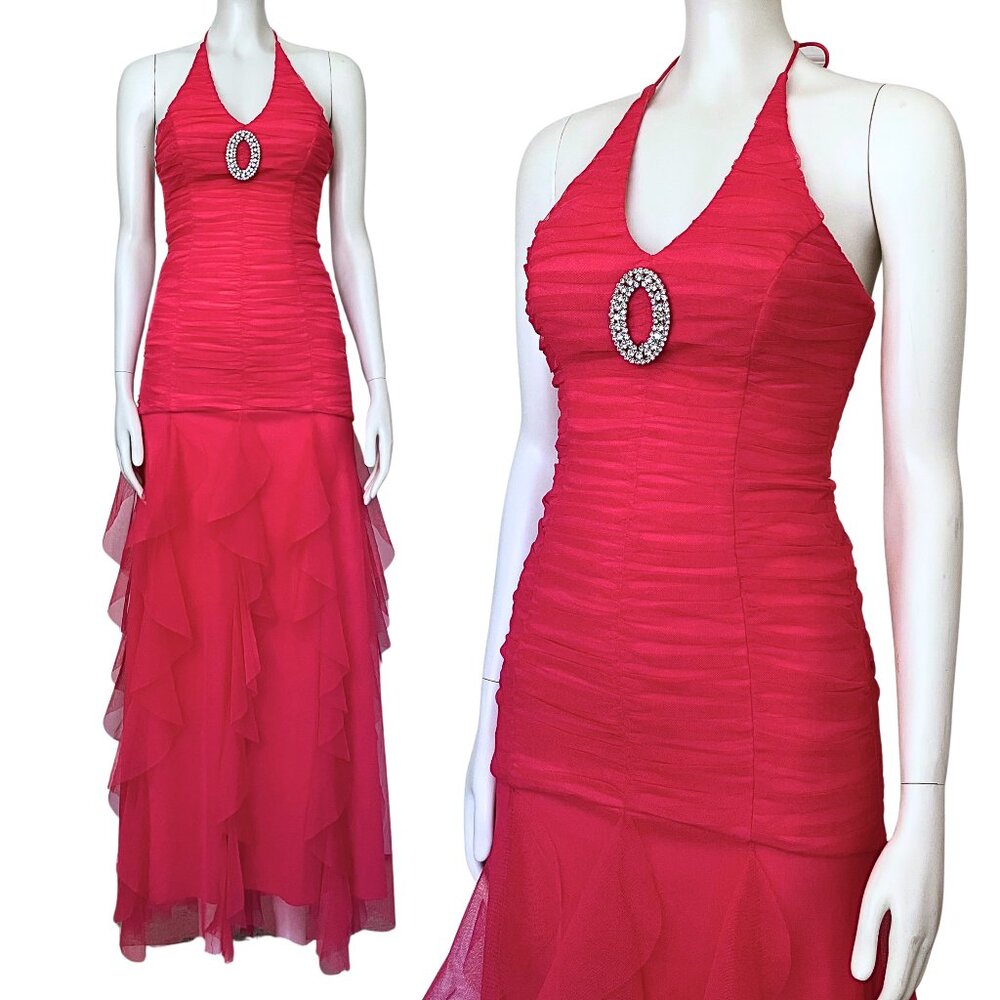 Y2K Vintage Pink Trumpet Fit & Flare Rhinestone Brooch Prom Dress XS 0 Halter